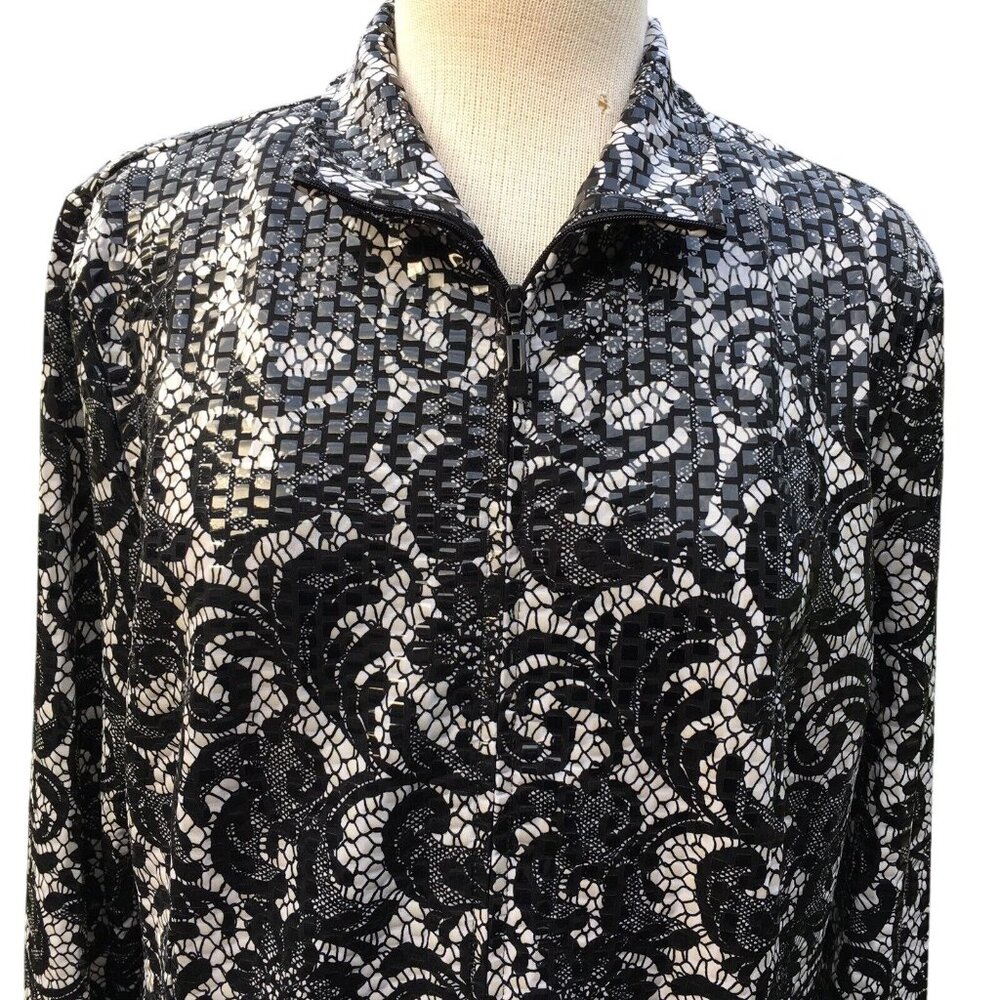 Laura Ashley Jacket Women Sz L Full Zip Black White Paisley Shiny Boxy Collar - Picture 7 of 12